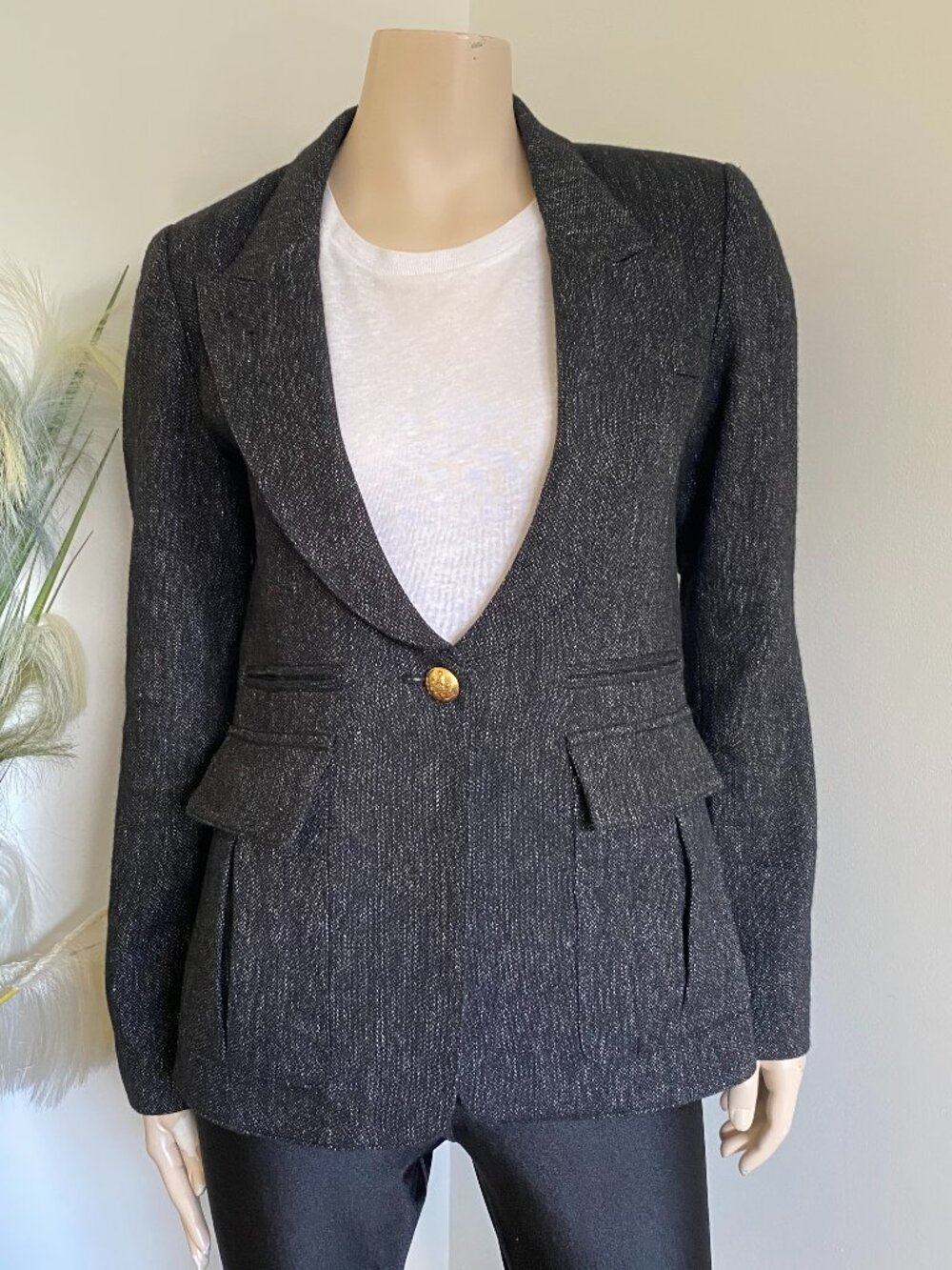 Smythe Chracoal Tweed Inverted Pleat Pocket Birkin Blazer Single Button Sz 8